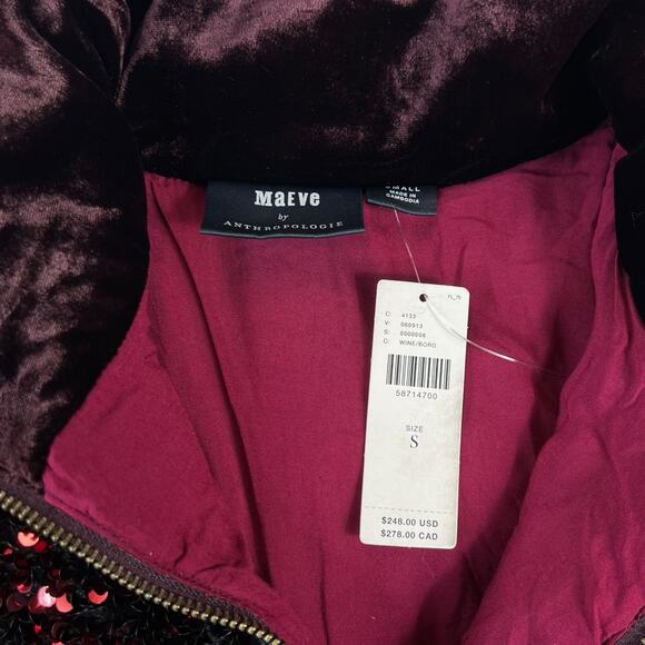 Maeve Vera Sequined Velvet Puffer Jacket Bordeaux Wine Size Small NEW - Picture 7 of 9
